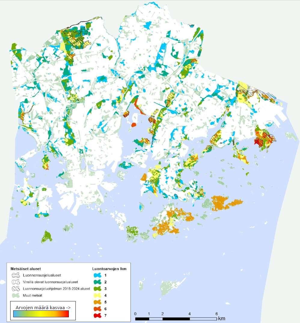 Kuva X. Helsingin metsäalueet arvoluokittain.