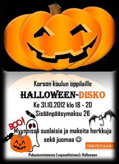 Tapahtumat ja yhteistyö Vanhempainyhdistys oli monissa tapahtumissa ja yhteistyössä mukana, seuraavassa niistä tärkeimmät: Halloween-disko 31.10.2012 Varhaisteinien suosikkimusaa iltakonsertti 13.11.