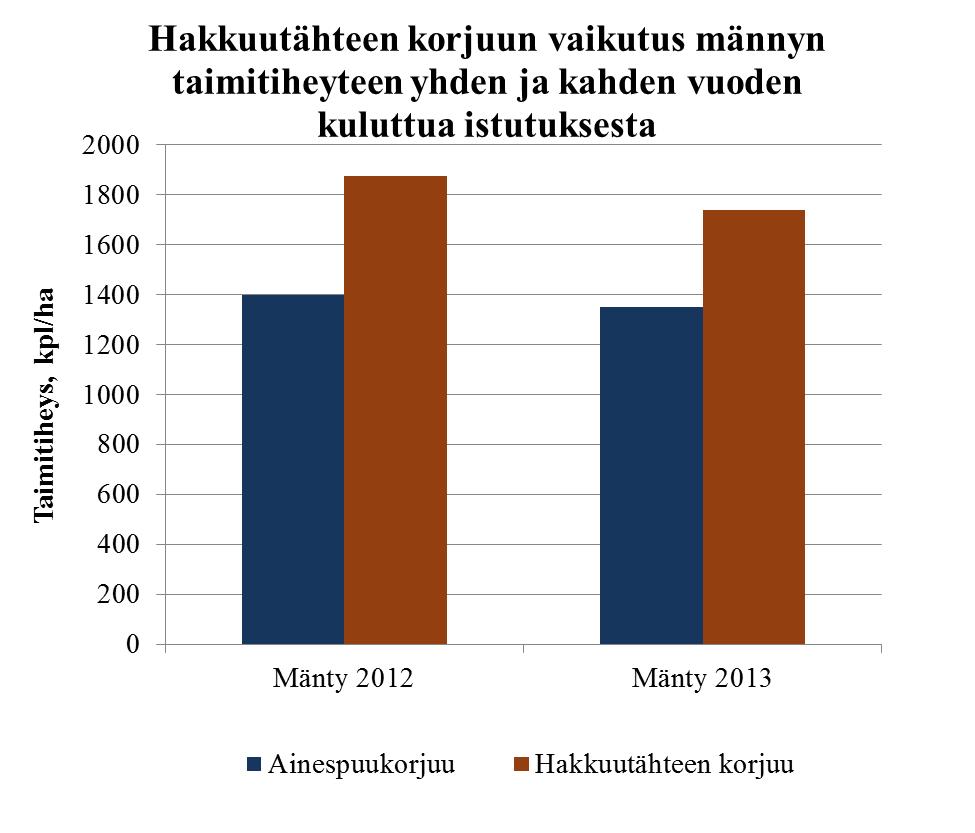 Taimitiheys, kpl/ha Hakkuutähteen korjuun vaikutus männyn ja kuusen taimien eloonjääntiin Hakkuutähteen korjuun jälkeen männyn ja kuusten taimien eloonjäänti on lievästi korkeampi verrattuna pelkän