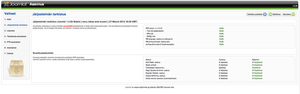14 KUVIO 2. Joomlan asennusapuri tarkistaa palvelimen ominaisuudet KUVIO 3.