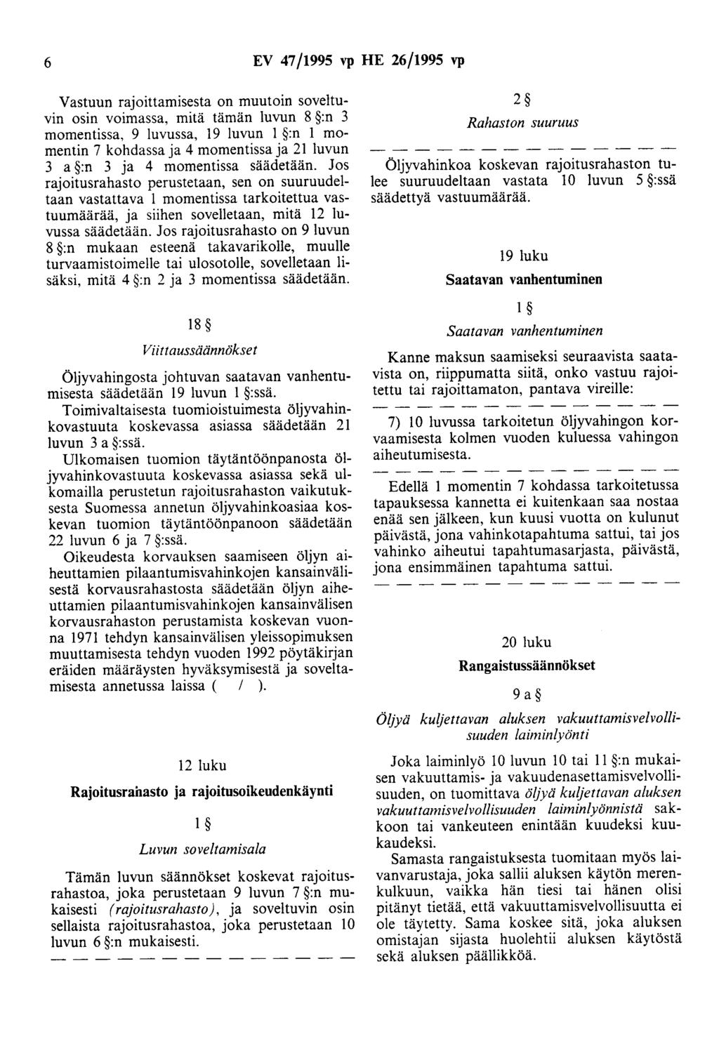 6 EV 47/1995 vp HE 26/1995 vp Vastuun rajoittamisesta on muutoin soveltuvin osin voimassa, mitä tämän luvun 8 :n 3 momentissa, 9 luvussa, 19 luvun 1 :n 1 momentin 7 kohdassa ja 4 momentissa ja 21