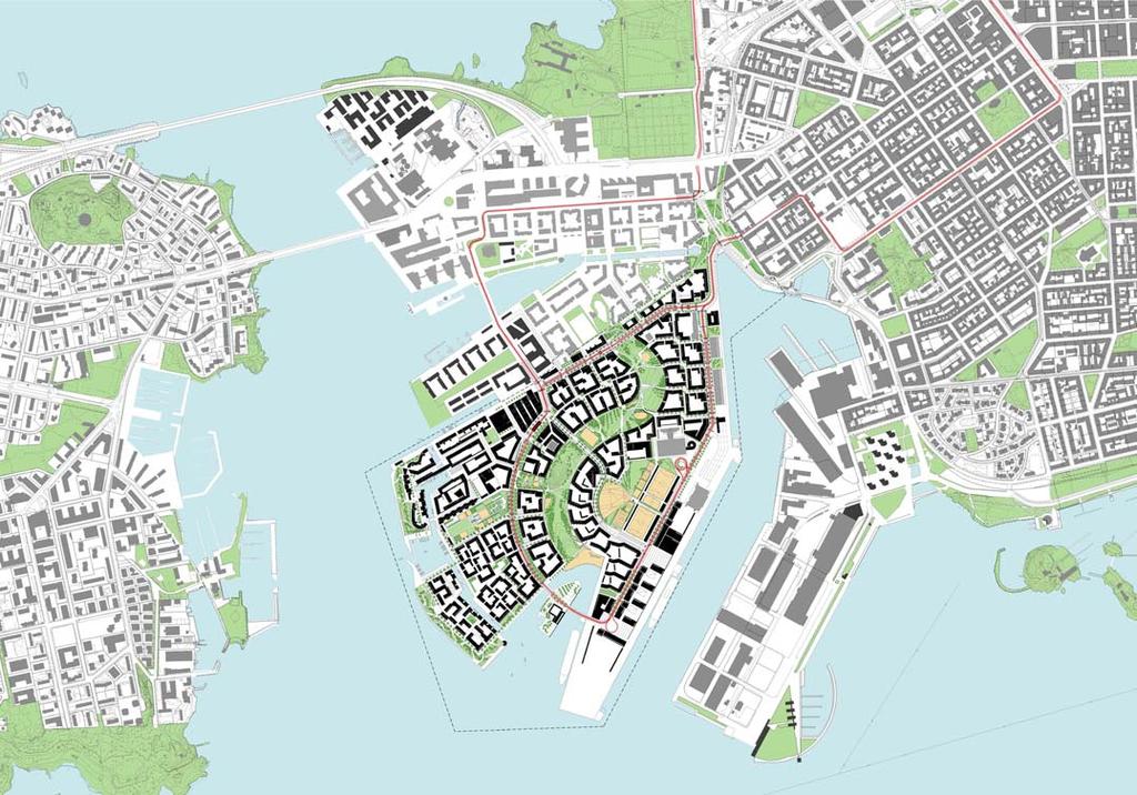 4.1 Kokonaisrakenne Jätkäsaaren kaupunkirakenteen keskeinen tekijä on kaareutuva Länsisatamanpuisto, joka johtaa Selkämerenpuiston ja Ruoholahden tärkeimmän jalankulkuakselin jatkeena meren rantaan.
