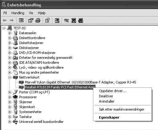 Kontroller nettverkskortets status Nettverkskortet kommer opp under Enhetsbehandling når det er installert. Klikk på Start/Kontrollpanel/System/Maskinvare/ Enhets behandling.