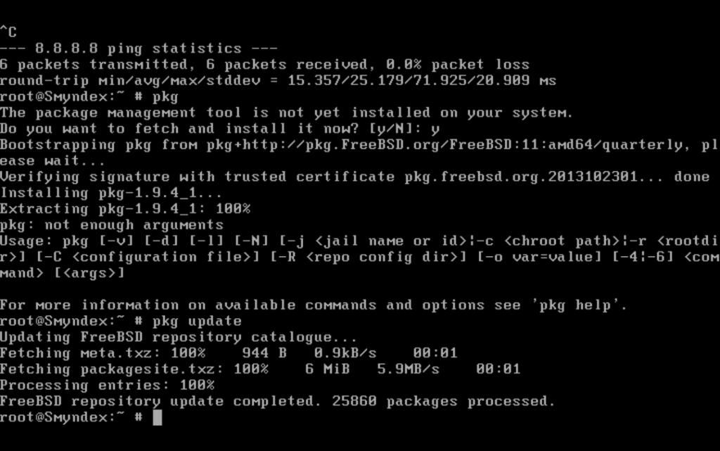 valinnaksi osoittautui nano. Asennus tapahtuu komennolla pkg install nano.