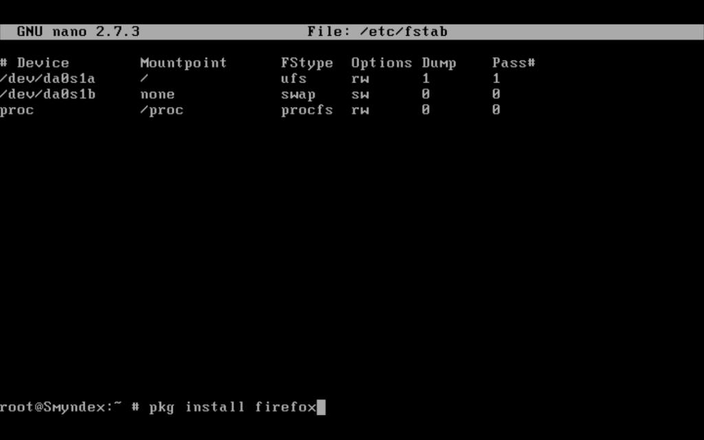 Homma aloitetaan asentamalla firefox-selain komennolla pkg install firefox.