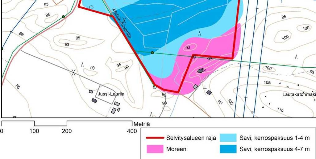 Kuva 3. Alueen yleispiirteinen maaperäkuvaus sekä savikerrosten paksuudet 2.3 Pohjavesi Selvitysalue ei sijaitse luokitellulla pohjavesialueella.