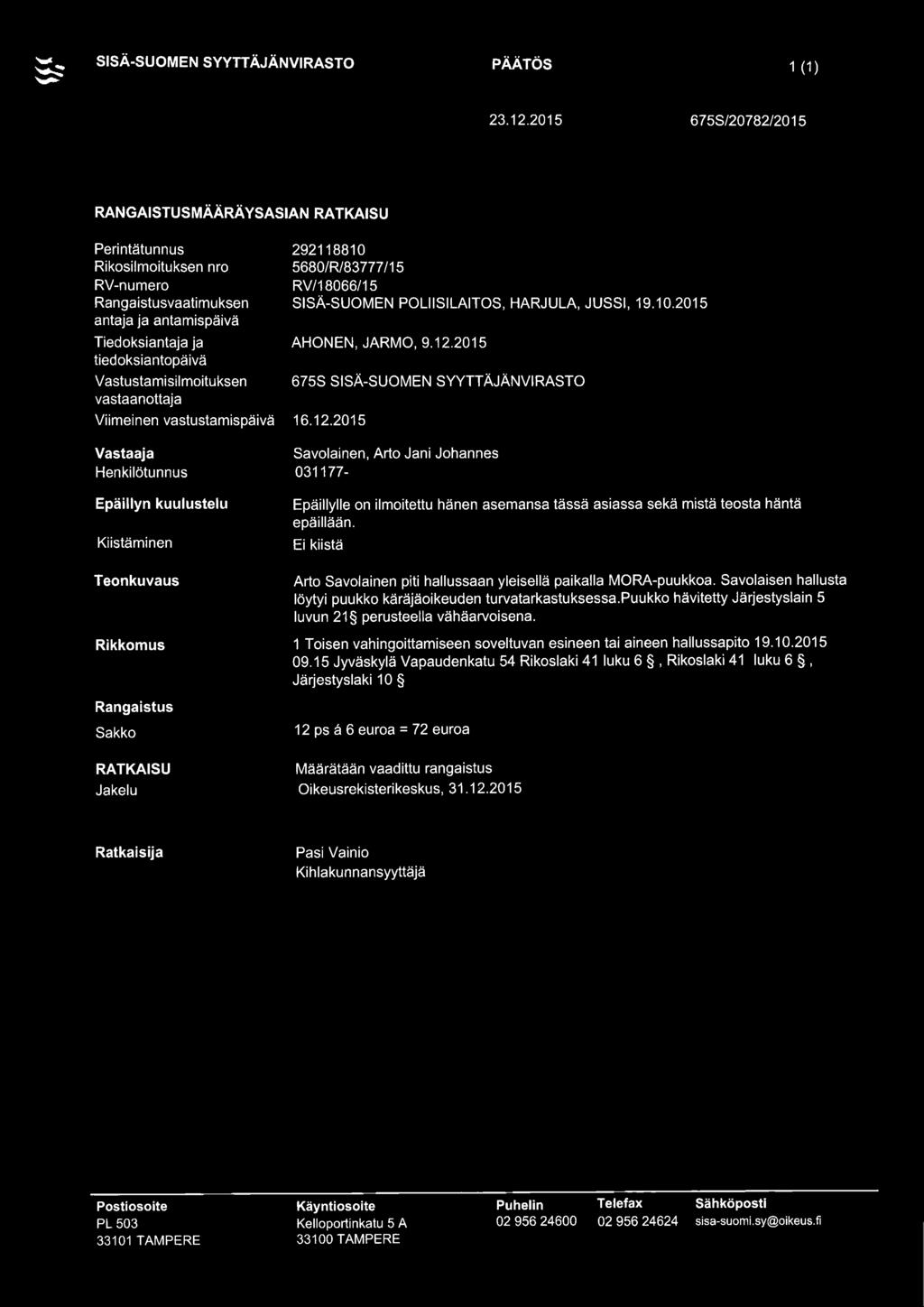 ~... SISÄ-SUOMEN SYYTTÄJÄNVIRASTO,,_.. 23.12.2015 675S/20782/20 15 vaatimuksen tied oksia ntopä ivä 292118810 5680/R/83777/15 RV/18066/15, HARJULA, JUSSI, 19.10.2015 AHONEN, JARMO, 9.12.2015 675S SISÄ-SUOMEN SYVTTÄJÄNVIRASTO 16.