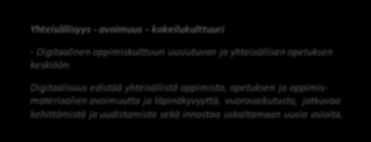Työryhmä määritteli yliopiston digivision seuraavasti: Yhteisöllisyys - avoimuus - kokeilukulttuuri - Digitaalinen oppimiskulttuuri uusiutuvan ja yhteisöllisen opetuksen keskiöön.