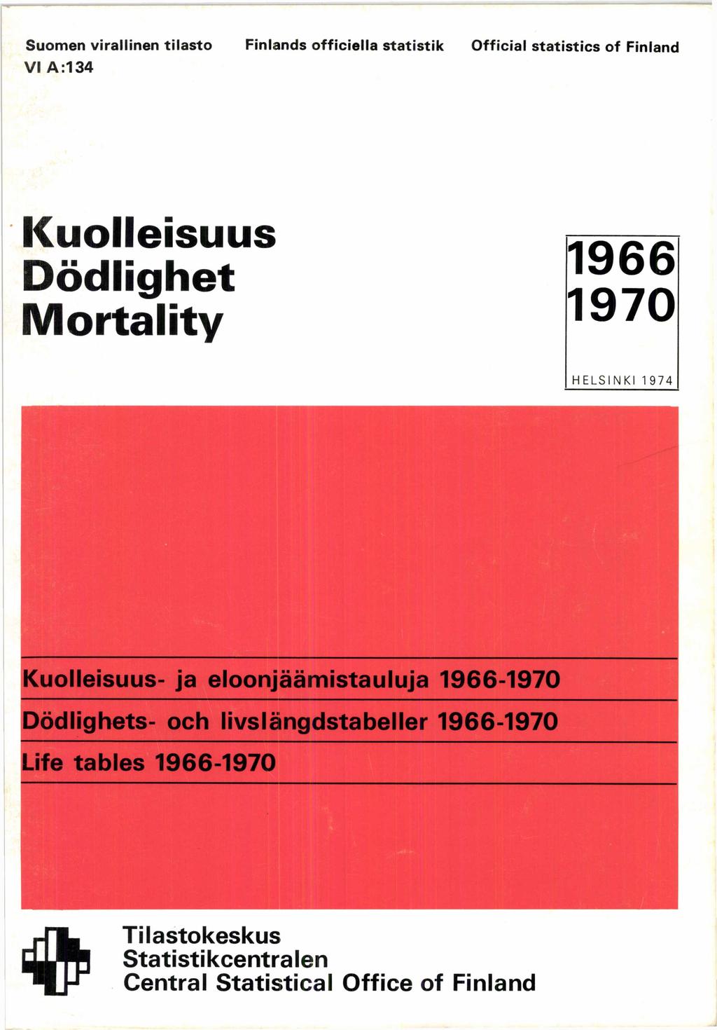 Suomen virallinen tilasto Finlands officiella Statistik Official statistics of Finland V I A :134 Kuolleisuus Dödlighet M o rtality 1966 1970 HELSINKI 1974 Kuolleisuus-