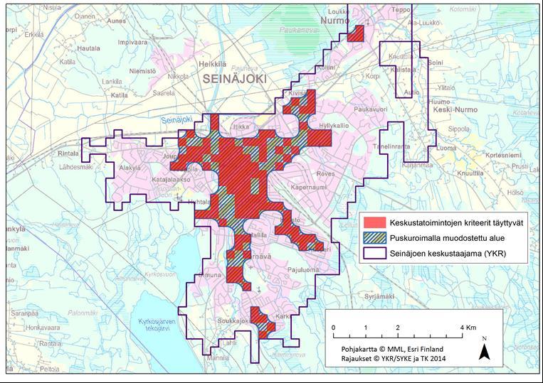 tään muun muassa kaupan sijainnin ohjauksen osalta huomattavasti nykyistä keskustahakuisempaan ratkaisuun. P3 P2 P1 Kuva x. YKR -aineistolla määritelty Seinäjoen keskustatoimintojen alue. 7.