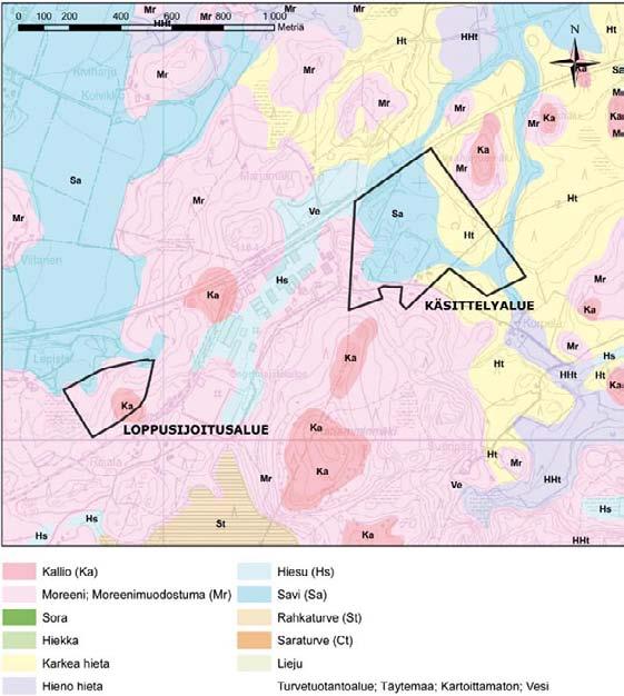 Kuva 7 8. Käsittelykeskus- ja loppusijoitusalueen maaperäkartta vo puolestaan ilmaisee korkeimman pitoisuuden, mikä sallitaan teollisuus-, varasto-, tai liikennealueilla.