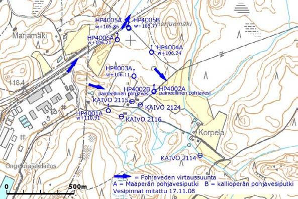 Kuva 7 10. Pohjaveden virtausolosuhteet sekä käsittelykeskuksen läheisyydessä sijaitsevien kaivojen ja pohjaveden tarkkailuputkien sijainti. 7.4.