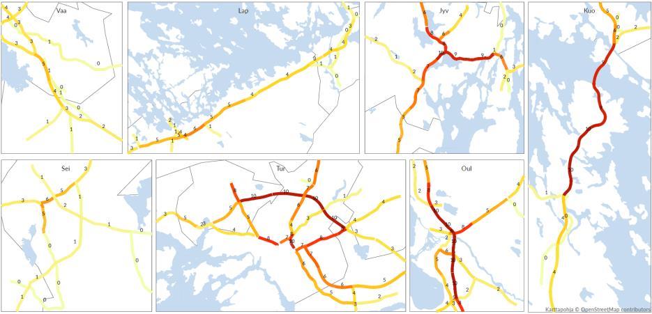 Tarkastelussa osoitettiin Tiejaksojen merkityksen ja palvelutason analyysit kaupunkiseutujen maantieyhteyksien ja niiden osien liikenteellinen merkitys ja keskeisimmät palvelutasopuutteet eri