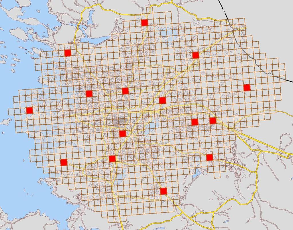 17 valle asfalttipinnalle ja muut on mitattu mahdollisimman vaakatasoisille pinnoille. Kaltevat pinnat valittiin mukaan, jotta voitaisiin arvioida vinojen pintojen vaikutusta keilaukseen.