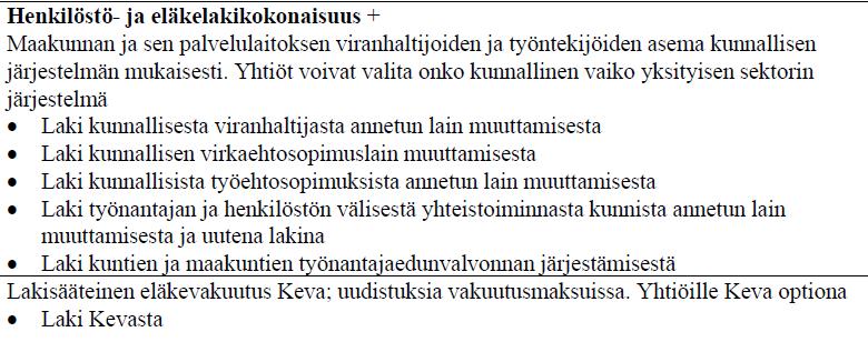 11 5. HENKILÖSTÖ Henkilöstö siirtyy liikkeenluovutuksena maakunnalle. Henkilöstö- ja eläkelakikokonaisuus uudistetaan. Pöysti 20.6.2016 Keva säilyy edelleen lakisääteisenä eläkevakuutusjärjestelmänä.