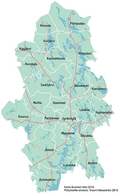 9 2 TAVOITTEET JA TOTEUTTAMINEN Tutkimuksen kohteina ovat kaikki 23 Keski-Suomen kuntaa. (Kuvio 1). Kunnista kuusi ovat kaupunkeja; Jyväskylä, Jämsä, Keuruu, Saarijärvi, Viitasaari ja Äänekoski.
