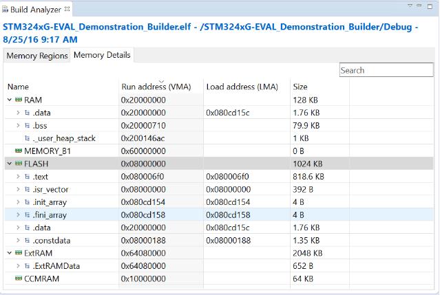 19 Kuva 7. Esimerkki muistin käytöstä Build Analyzerin käyttöliittymästä. Käytetty flash-muisti vaihtelee sen mukaan, miten iso itse ohjelma on ja millaista optimointia kääntäjä käyttää.