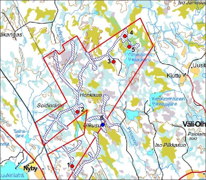 14 Kartta 6. Yleiskartta, kohteet 1-6 hankealueella. Numerot viittaavat kohdenumerointiin raportissa. Tarkastetut alueet merkitty sinisellä vinoviivoituksella.