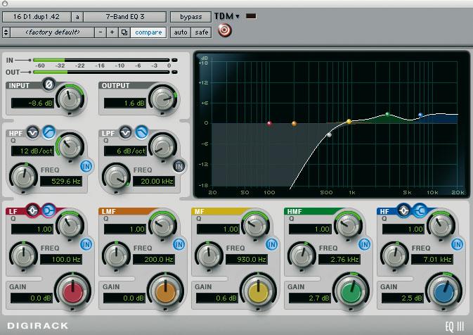 25 KUVA 2. Digidesign EQ3 ekvalisaattori 5.2.3 Dynamiikan hallinta eli kompressointi Dynamiikan hallinnalla tarkoitetaan äänen voimakkuuden säätelyä.