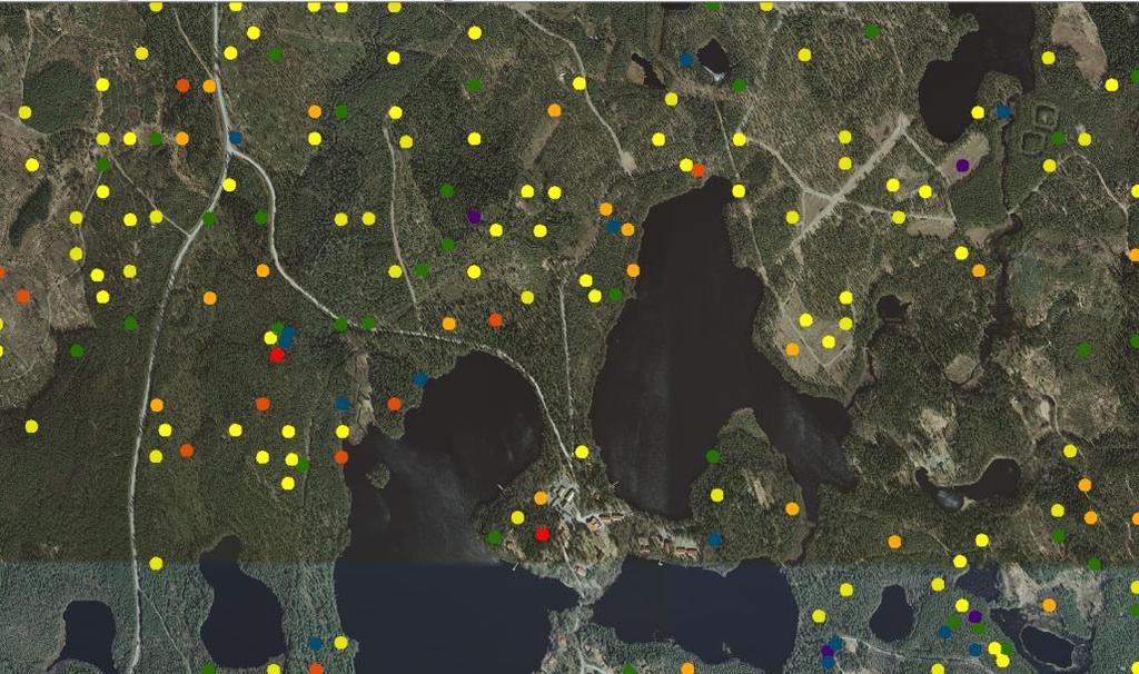 Mallintamalla ja maastomittauksin tuotetut vastinkoealakohtaiset tilavuuden erotukset visualisoitiin jälleen kartalle liukuvärein.