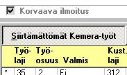 Jos ilmoitukseen on tullut kokonaan aiemmasta siirrosta puuttuva työlaji, menetellään seuraavasti: Valitse Siirretyt Kemera-työt -välilehdellä kuittinumeron eli ilmoituksen työt ja poista