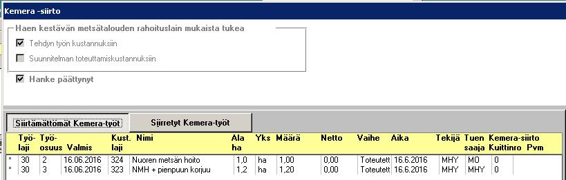 Siirtämättömät Kemera-työt -välilehdelle on oletusarvoisesti tähdellä valittuna kaikki ne työmaan toteutetut työt, joilla on Kemera-työlaji, -maksunsaaja ja -kustannuslaji.