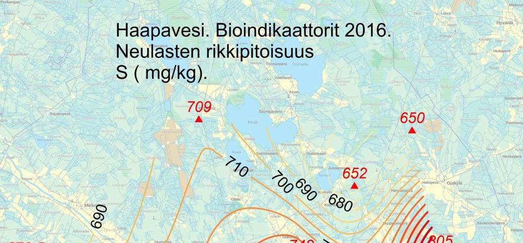 Kuvassa 5 on neulasten rikkipitoisuuksista piirretty havainnollinen aluejakaumakuva Haapaveden kaupungin ympäristössä. 13 Kuva 5.