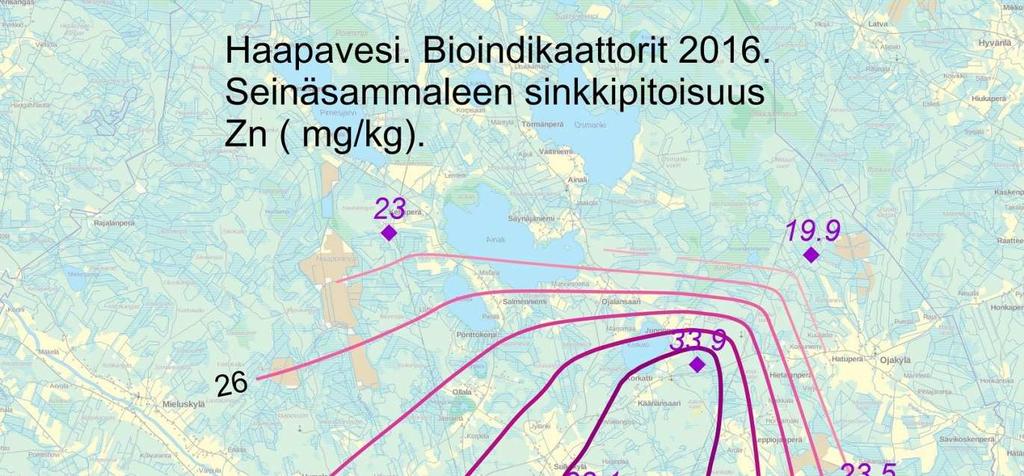 15 Sammaleen sinkkipitoisuus (mgzn/kg) 50 45 40 35 30 25 20 15 10 5 0 Seinäsammaleen sinkkipitoisuudet