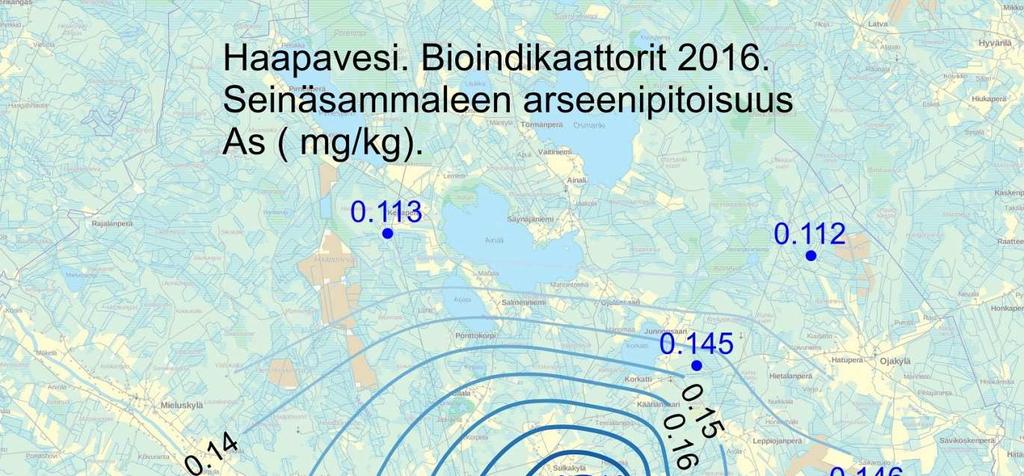 17 Kuva 9. Sammaleen arseenipitoisuus (mgas/kg) aluejakaumakuvana vuoden 2016 bioindikaattoritutkimuksessa Haapavedellä.