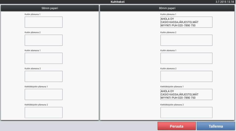 Kuitin yläreunatekstit tulostuvat kuitin alkuun ja alareunatekstit loppuun.