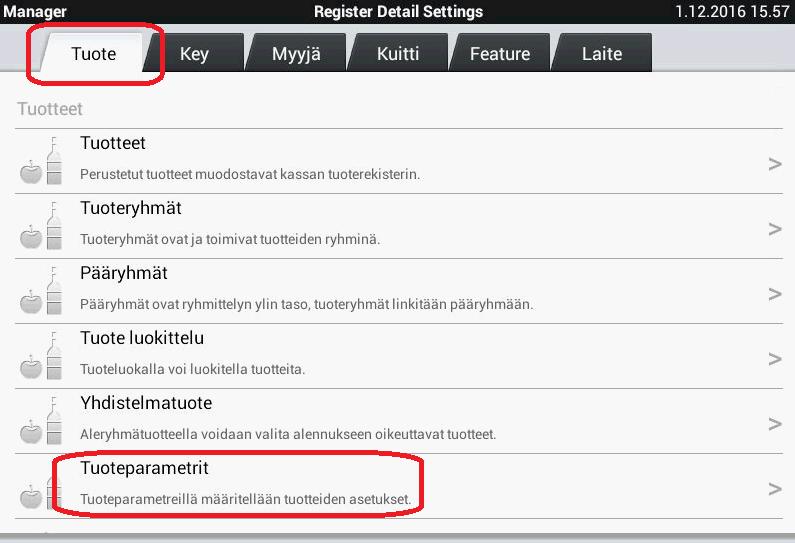 TUOTEPARAMETRIT Tuoteparametreillä määritellään tuotteiden asetukset, kuten avohintainen, kiinteähintainen, miinushintainen sekä mihin keittiökirjoittimeen kuitti tulostuu.