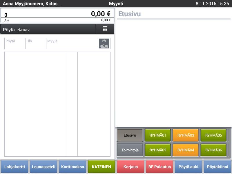 MYYJÄN VALINTA Jotta voit käyttää kassan toimintoja on sinun ensin valittava myyjä numero. Valitse esimerkiksi myyjänumero yksi.