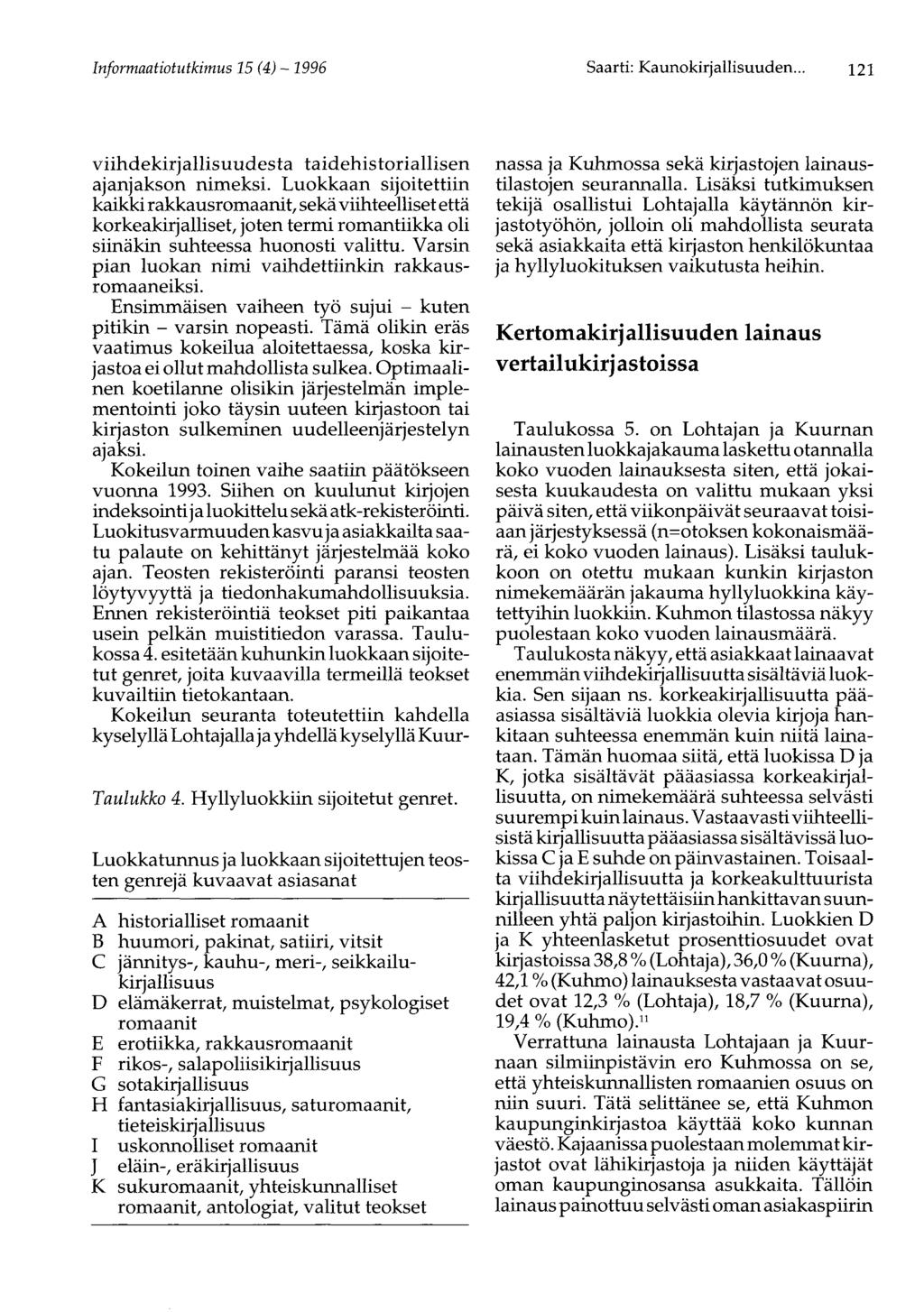 Informaatiotutkimus 15 (4) -1996 Saarti: Kaunokirjallisuuden... 121 viihdekirjallisuudesta taidehistoriallisen ajanjakson nimeksi.