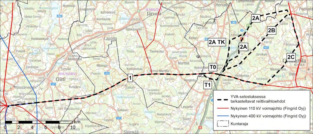 400 + 110 kv voimajohto Hikiä Orimattila 27 Kuva 18. Tutkittavat voimajohtoreitit ja nykyiset voimajohdot. Taulukko 2. Reittivaihtoehtojen pituudet.