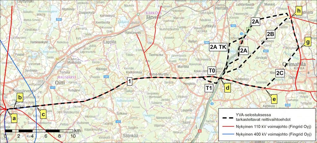 400 + 110 kv voimajohto Hikiä Orimattila 31 Kuva 23. Hankealueen poikkileikkausvälit. Poikkileikkauksien muutoskohdat on nimetty kirjaimilla, alkaen kirjaimesta a.