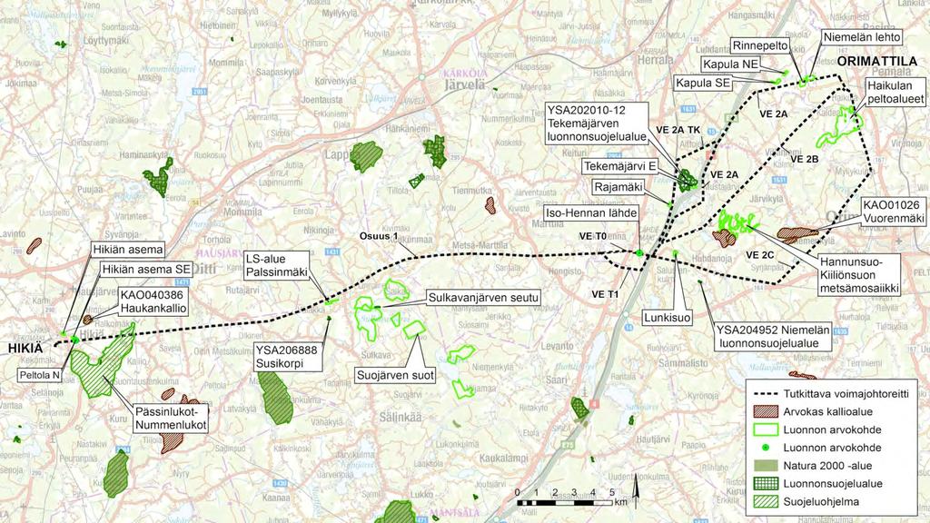 42 400 + 110 kv voimajohto Hikiä Orimattila Kuva 35. Luontokohteet tarkasteltavien voimajohtoreittien läheisyydessä.