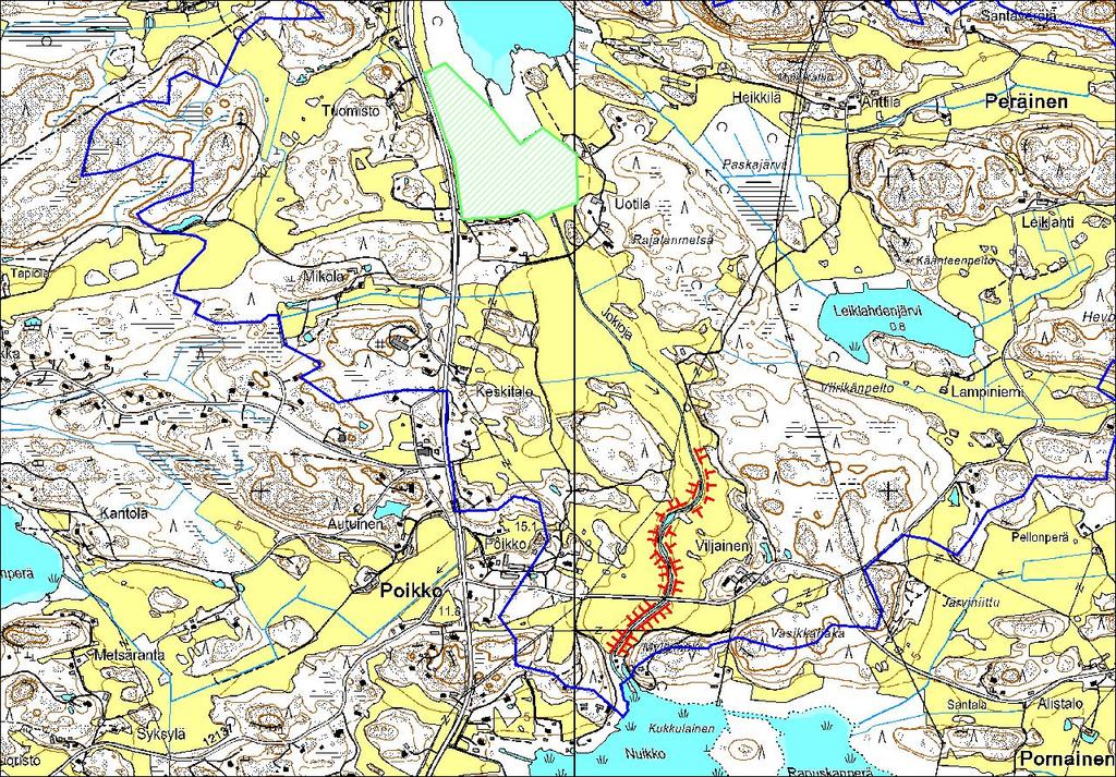 Kuva 8: Jokiojan toimenpidekohteet. Suojakaista-alueet ovat merkitty karttaan punaisella, ja tulva-alueet vihreällä. 3.