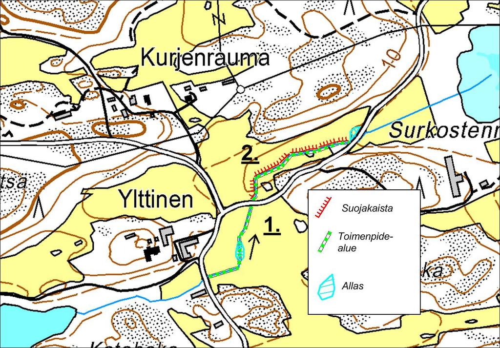 3.5.2 Toimenpiteet Kuva 12: Ylttistenjärven laskuojan toimenpiteet. Uoman toimenpideosuudet on numeroitu numeroilla 1 ja 2. 1. Suojakaistat Ylttistenjärven laskuojaa ympäröivät sokerijuurikaspellot ovat etenkin laskuojan keskivaiheilla uoman suuntaan kaltevia.