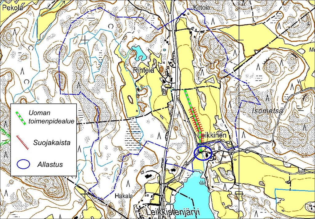 3.1 Leikkistenjärven pohjoisosaan laskeva oja Kuva 3: Leikkistenojan valuma- ja toimenpidealue. 3.1.1 Kohdekuvaus Leikkistenjärven pohjoisosaan laskeva oja on tässä suunnitelmaluonnoksessa nimetty Leikkistenojaksi.