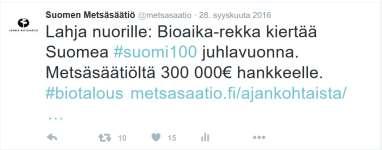 Metsäsäätiö otti syyskuussa askeleen kohti nykyaikaa kirjautumalla Twitteriin. Kanavalla tavoiteltiin ja saatiin lisää näkyvyyttä rahoitetuille projekteille.