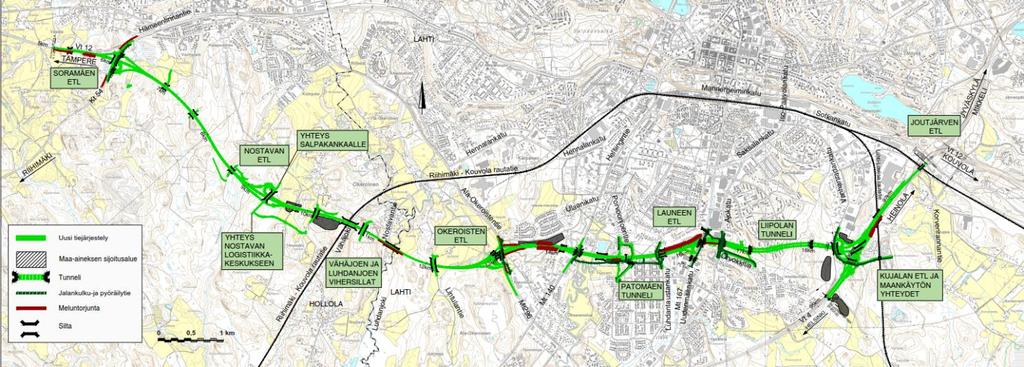 Vt 12 Lahden eteläinen kehätie Valtatietä noin 13 km Patomäen 0,5 km betonitunneli ja Liipolan 1 km betoni / kalliotunneli 36 siltapaikkaa: Suurimmat sillat Vähäjoen 217 m, Luhdanjoen