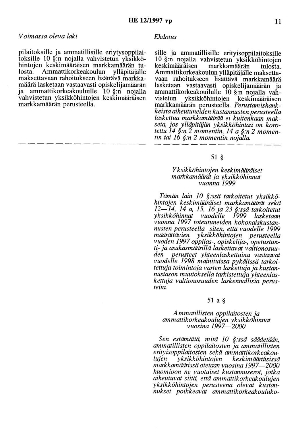 HE 12/1997 vp 11 Voimassa oleva laki pilaitoksille ja ammatillisille eriytysoppilaitoksille 10 :n nojalla vahvistetun yksikköhintojen keskimääräisen markkamäärän tulosta.