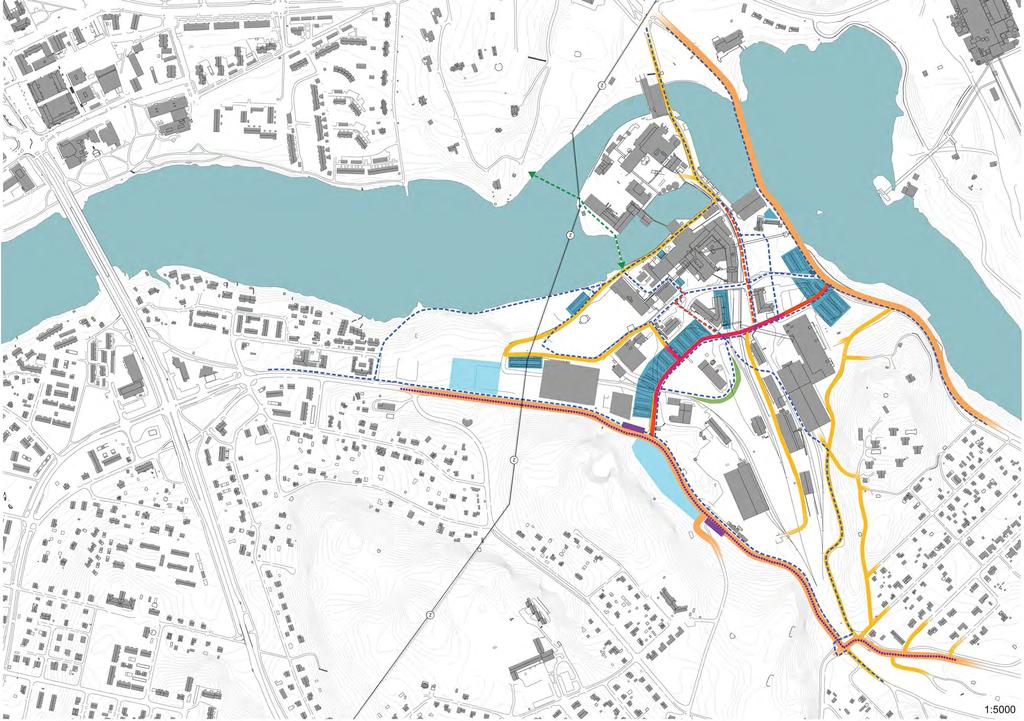 Päätiet Alueen sisäiset tiet Uusi tielinjaus Pysäköintialue Varaus lisäpysäköinnille Maavalli Kevyt liikenne Tarvittava