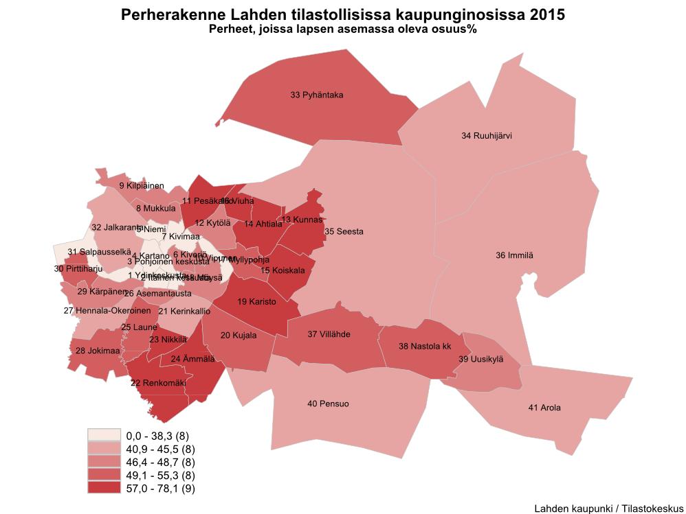 LAPSIPERHEIDEN RAKENNE LAHDEN TILASTOLLISISSA KAUPUNGINOSISSA 5 Lapsiperheiden osuus kaikista perheistä on suurin uusilla omakoti- ja rivitaloalueilla, joissa yli 60 perheistä on lapsiperheitä.