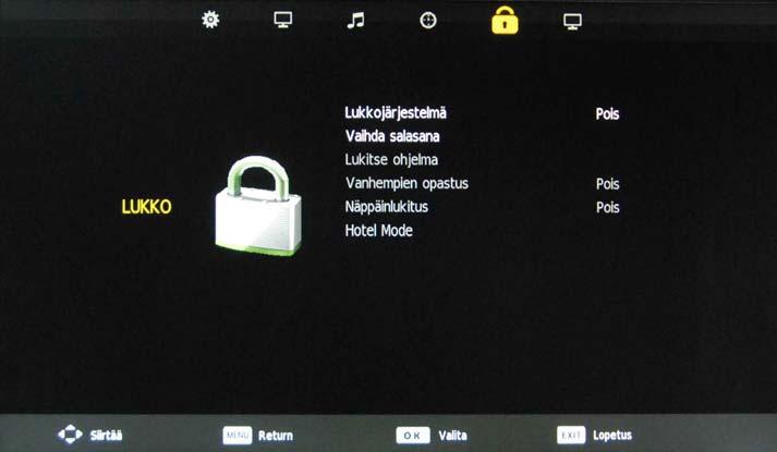 Näyttövalikko Näyttövalikko 5. LOCK-valikko (LUKITUS) Kuvaus Lukitusjär jestelmä: Ota lukitustoiminto käyttöön tai poista se käytöstä.
