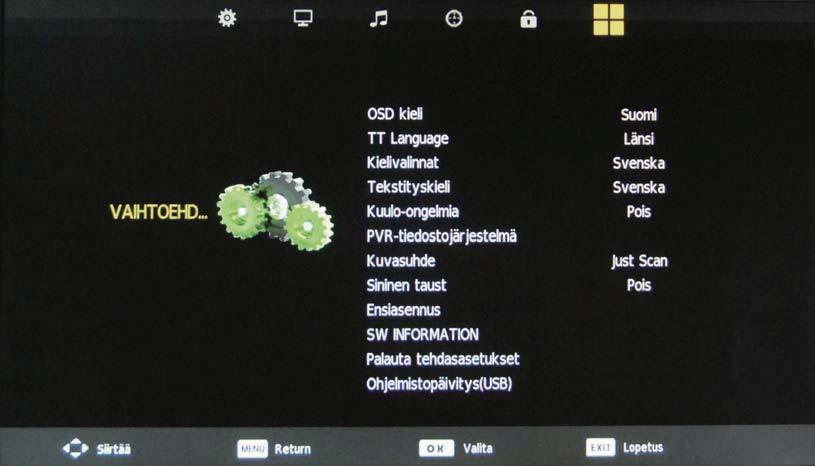Näyttövalikko Näyttövalikko 7 SETUP-valikossa Kuvaus OSD Language: Voit valita valikkojen kielen. TT Language: Voit valita teksti-tv kieli. Audio Language: Voit valita äänen kielen.