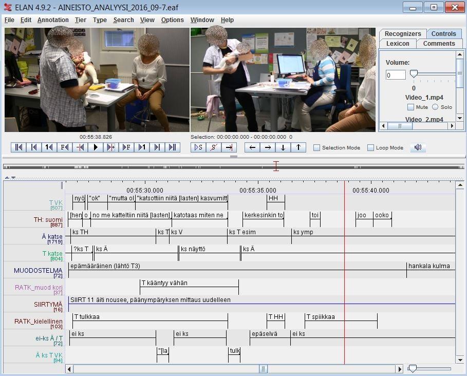 63 6.4 Aineiston annotointi ELAN-ohjelmalla Tehtäväni tässä tutkimuksessa on selvittää, miten viitottu vuorovaikutus ja liikkuminen jäsentyvät tulkatussa tilanteessa ja mitä keinoja tulkki käyttää