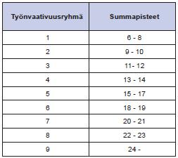 Taulukko 12. Työnvaativuusryhmien pisteytys (Teknologiateollisuus 214, 21) Työnvaativuusryhmittely on pidettävä ajan tasalla. Työn ja olosuhteiden muuttuessa määritetään työnvaativuus uudelleen.