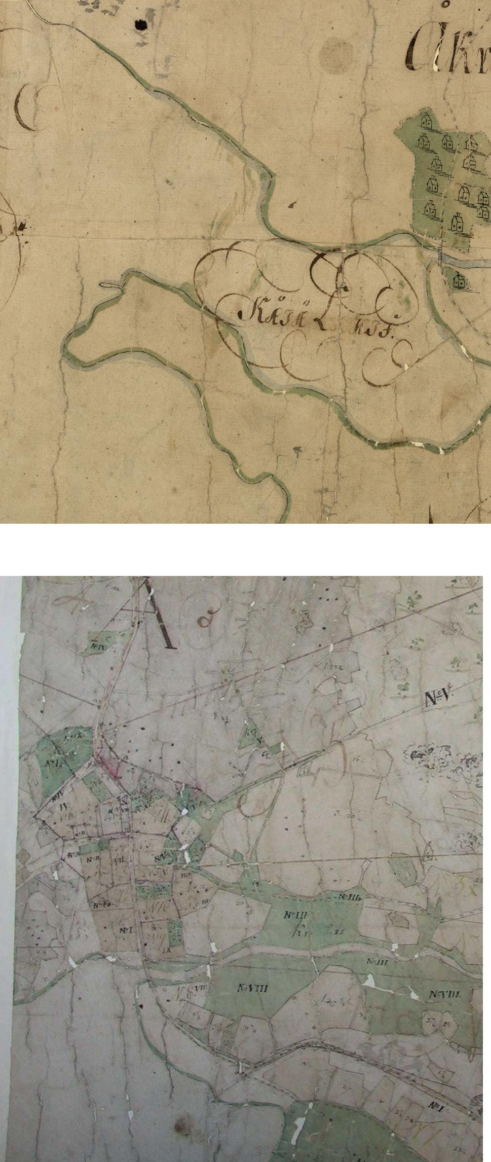 Kuva 1. Ote Pirkkalankylän kartasta vuodelta 1769. Kuva 2. Ote Pirkkalankylän isojakokartasta vuodelta 1776.