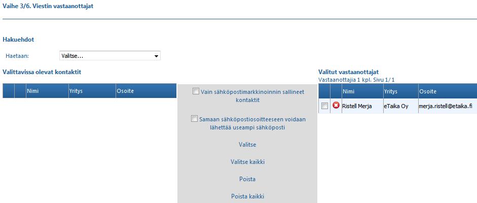 Sähköpostin lähettäminen Anna lähettäjän tiedot (oletuksena kirjautuneen käyttäjän nimi, nimikentässä ei voi olla erikoismerkkejä) Lähettäjän ja vastausten sähköpostiosoitteen oletus on kirjautuneen